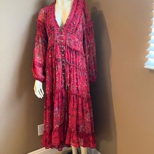 Free People Pink Polyester Women's Lace Ruffle Floral Bohemian Maxi Dress Size S